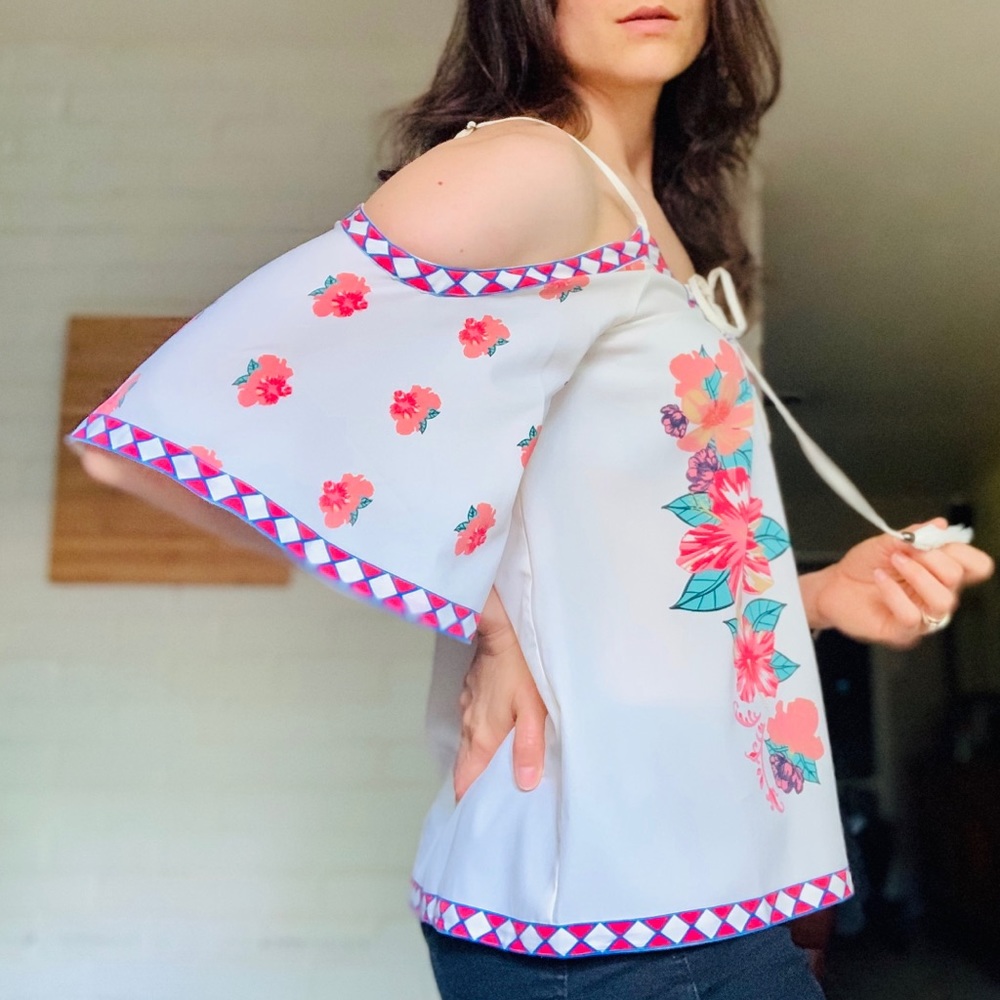 Boho Cold Shoulder Corset Tie Crop Floral Top Med - Picture 2 of 9